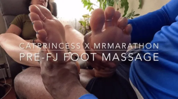 Foot massage and dick tease before CatPrincess drains MrMarathon 5x in a row, size 9 milf feet with blue french tip toes.webp