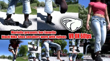 VR 3D 8K 180 60 fps - Mariella shows you her black Nike Shox Sneakers up close She wears them with nylons and shows you.webp