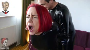StrongPanda ejoys tight barfoot hogtie in shiny catsuits.webp