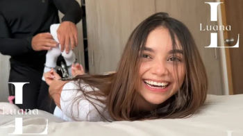 Tickles Time- Luana in Cuffs & Nike White Crew Socks (Hogcuffed, Leggings, White T shirt, Bed).webp