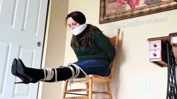 Bound to Truth- A Reporter's Story by Liz River, Brunette with Sweater, Jeans and Boots Self Ties Bondage, gets stuck.webp