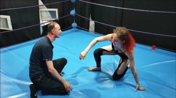 Skilled girl in leather top vs very skinny guy.webp