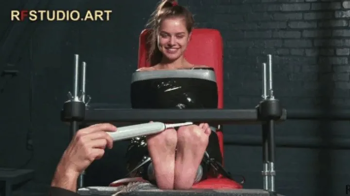 Leya in Black Film Mummification - Bare Feet Tickling in Toe-Pressing Device (FULL HD MP4).webp