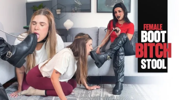 Boot worship training female slave - Mistress Enola - Leashed fem sub , boots worship, licking and used as a footstool 4.webp