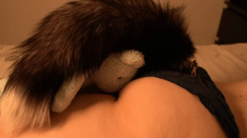 Wolfgirl farting on her teddy's nose.webp
