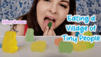 Eating a Village of Tiny People - A giantess vore scene featuring GTSV, mouth fetish, gummy vore, tiny man POV, and face.webp