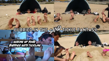 Tickling beach boy's soles burried in the sand - waking up your buddies with tickles.webp