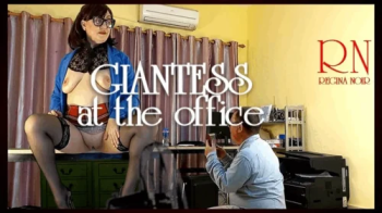 A giant secretary sits on an office desk The manager guy is very surprised at her height Contest Giantess 2024.webp