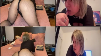 Farting loud on my bed in fishnet with face expressions double angle'.webp