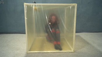 Bondage with red ropes in a transparent vacuum cube.webp