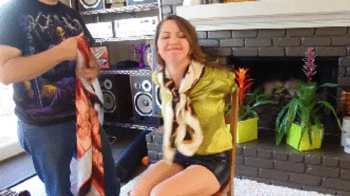 Elegant woman Chrissy Marie tied during home invasion, gagged and blindfolded with her expensive silk scarves!.webp