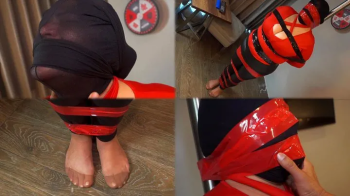 Helpless chubby damsel taped at pole!.webp