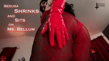 Sedusa Shrinks and Sits on Ms Bellum -WMV - featuring Jane Judge in cosplay as Sedusa, in a Giantess shrinking scene wit.webp