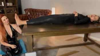 Stella Lies On Her Back In Black Suit And Weronika Tickle And Lick Her Feet In Tan Pantyhose - Tickling Part - 4K.webp