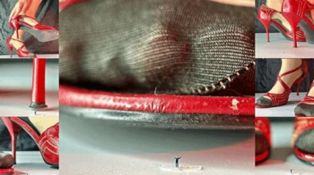 A Giantess in red sandals works in the office of a Tiny Boss.webp