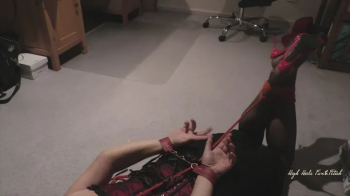 Helen Selfbondage Hogtied and Ballgagged in Nylons and High Heels.webp