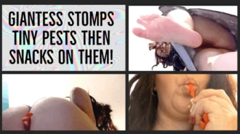Giantess stomps tiny pests then snacks on them.webp