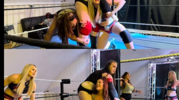 Blonde and brunette struggle to lift giantess.webp
